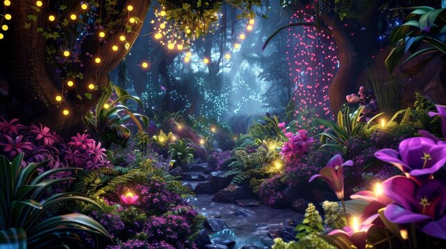 A magical forest scene illuminated by glowing lights and vibrant flowers, creating an enchanting and mystical nighttime atmosphere.