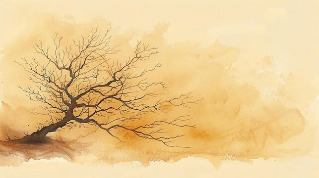 A minimalist watercolor painting of a bare tree silhouette in subtle shades of brown and beige, with gentle, fluid lines creating a serene and peaceful atmosphere