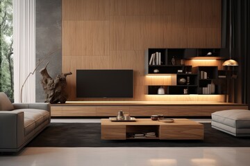 Elegant living room design featuring a sleek tv stand, wooden wall panels, and cozy sofa