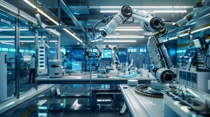 Fototapeta premium Advanced robotics technology in a high-tech laboratory environment showcasing robotic arms and modern equipment.