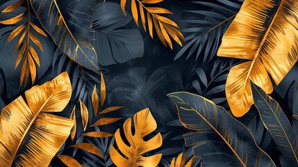 A stylish botanical print featuring monochrome palm leaves, overlaid with geometric gold accents, providing a trendy and sophisticated vibe to the living space