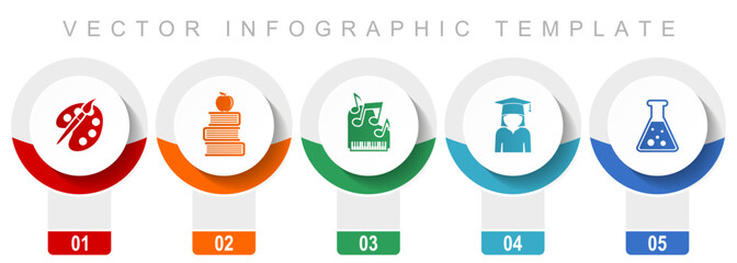 Education art and science icon set, miscellaneous vector icons such as painter, books, music, student and flask, modern design infographic template, web buttons in 5 color options