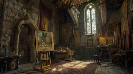 Historic artist's studio with medieval decor and a large window letting in natural light.