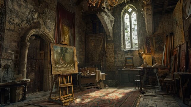 Historic artist's studio with medieval decor and a large window letting in natural light.