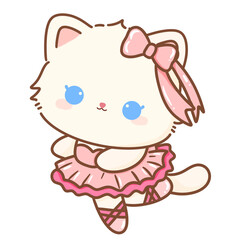 Hand drawn illustration Coquette style white kawaii cat kitty kitten wearing pink Ribbon Bow pastel color isolated on transparent background, perfect for valentines day gifts, dancer ballerina