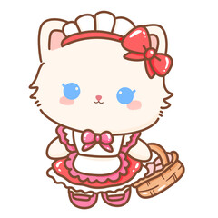 Hand drawn illustration Coquette style white kawaii cat kitty kitten wearing pink Ribbon Bow pastel color isolated on transparent background, perfect for valentines day gifts, nursery french maid