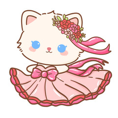 Hand drawn illustration Coquette style white kawaii cat kitty kitten wearing pink Ribbon Bow pastel color isolated on transparent background, perfect for valentines day, nursery, wearing pink gown