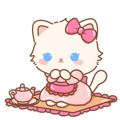 Hand drawn illustration Coquette style white kawaii cat kitty kitten wearing pink Ribbon Bow pastel color isolated on transparent background, perfect for valentines day gifts, nursery Tea party