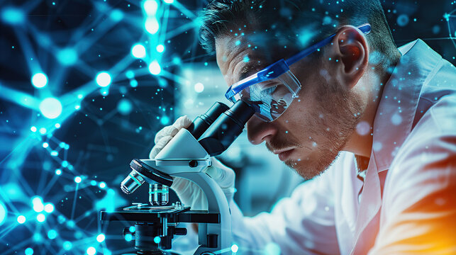 A scientist in a lab coat and goggles using a microscope with an abstract background of science, technology or medical concepts