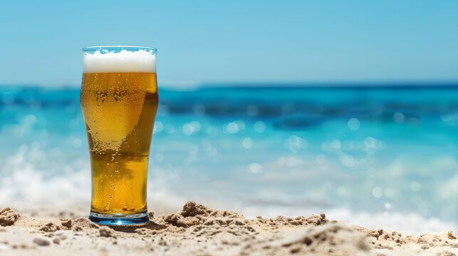 Refreshing glass of beer on a sandy beach. Perfect for summer vibes. Ideal for vacation themes. Relax and enjoy the moment. AI