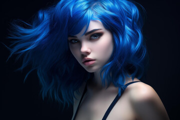 Fototapeta premium An artistic portrayal of a unique individual with striking blue hair and a captivatingly beautiful face.