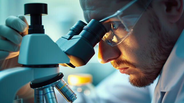 close up scientist looking through microscope in laboratory.