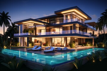 Illuminated modern villa with a swimming pool, captured in the serene twilight ambiance