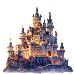 Obraz premium Magical illuminated castle illustration with detailed architecture, glowing lights, fairy-tale atmosphere, and enchanting fantasy setting.