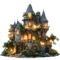 Obraz premium Whimsical fairy tale castle illuminated at night, surrounded by lush greenery, evoking a sense of magic and imagination.