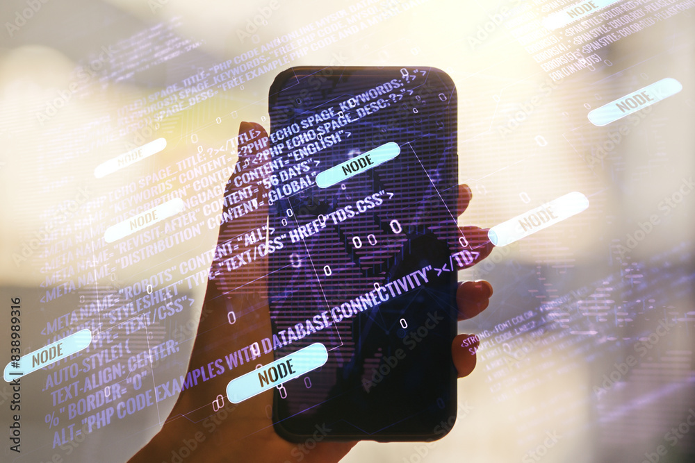 Aufkleber multi exposure of abstract software development hologram with world map and hand with cell phone on 