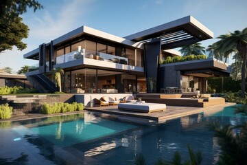 Fototapeta premium Elegant contemporary house with outdoor swimming pool and terrace, illuminated at dusk