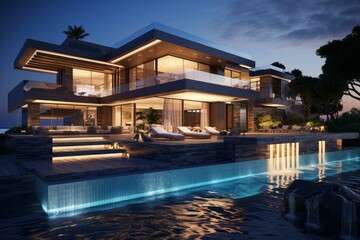 Obraz premium Illuminated contemporary home with pool at dusk, showcasing sophisticated architecture and design