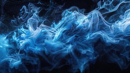 Wave Texture. Blue Ink Water Paint Vapor Smoke with Magic Mist on Black Abstract Background