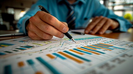 Close-up of hands pointing at financial graphs on paper, background blurred for text space