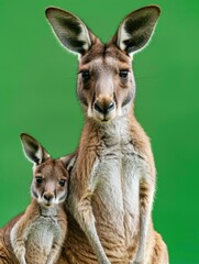 Fototapeta premium kangaroo with baby kangaroo portrait on a green background