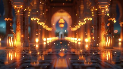 Obraz premium Illuminated Hallway With Ornate Pillars and Falling Lights