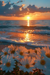 Pink Flowers Blooming on Sandy Beach at Sunset