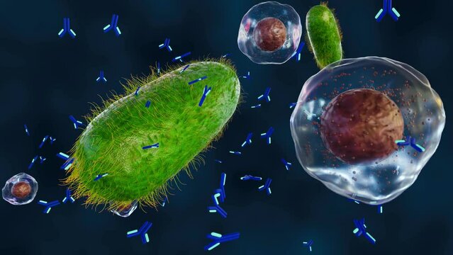 3d rendering of Antibody molecules produced by B cells bind outer membrane of bacteria