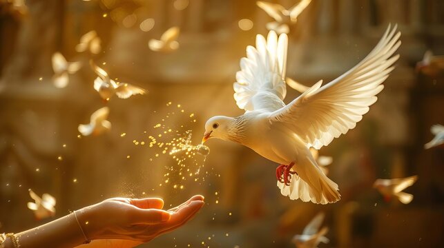 Bible Holy Spirit Anointing Focus on a person being anointed with oil, with a dove and light rays above, with a church background, empty space center for text