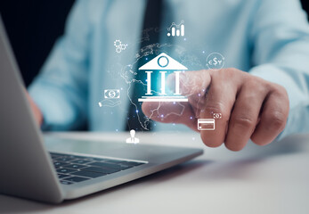 Online payments, Businessman showing icon online banking and icon network connection, Technology and business finance concept, Shopping and digital technology on virtual screen, Global business.