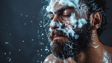 Model is taking a relaxing shower enjoying the fresh water on his face