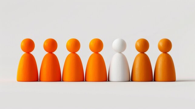 A group of orange and white wooden people standing in a row, AI
