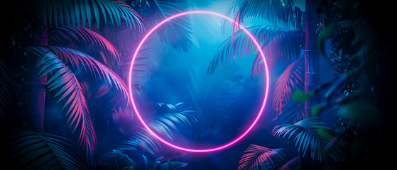 3D render, abstract background with neon circle and palm leaves on blue light. Glowing round frame in a tropical jungle landscape in the style of a tropical jungle.