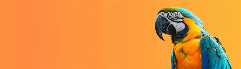 Obraz premium Pets eye level Parrot on a perch with colorful feathers, under natural daylight, in a vibrant style, with space on the right for text