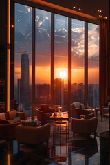 Fototapeta premium High-end luxury club where visionary senior executives meet to define leadership in ever-changing business. The view outside is very beautiful. Suitable for use as inspiration for designers or users.