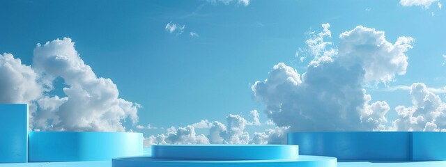 horizontal image, front view, blue 3d podium, sky background with clouds. For design, banner, product, contest, advertisement, presentation, card, flyer, poster