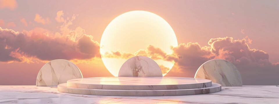 horizontal image, front view, marble 3d podium, sunset background. For design, banner, product, contest, advertisement, presentation, card, flyer, poster