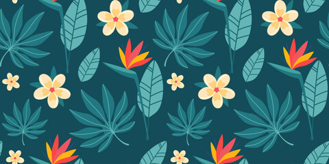 Seamless pattern with tropical leaves and flowers in simple flat design. Summer pattern with exotic plants for fabric and wallpaper. Flat vector illustration.

