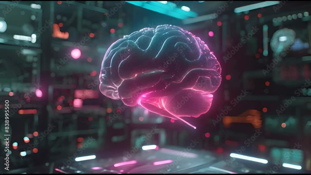 Poster 3D scan of the brain motion hologram graphic data with 3D rendering.