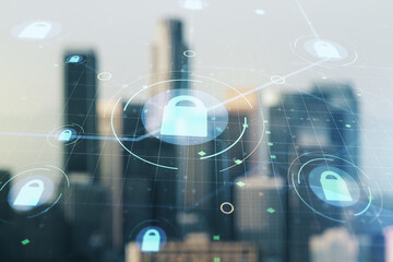 Virtual creative lock sketch with chip hologram on blurry office buildings background, protection of personal data concept. Multiexposure