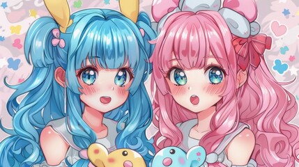 Obraz premium Two anime girls with blue and pink hair holding stuffed animals, AI