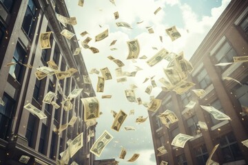 U.S. Dollar bills fluttering in the air between city buildings, resembling a rain of money