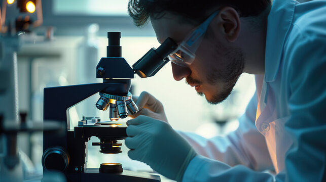 close up scientist looking through microscope in laboratory.