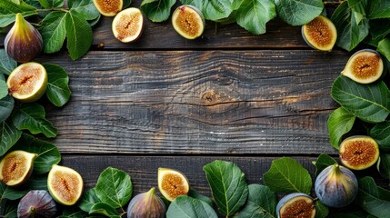 Fig fruits macro shot. Ripe sweet yellow and green figs fruit with leaves on wooden table close up, vegan food background 