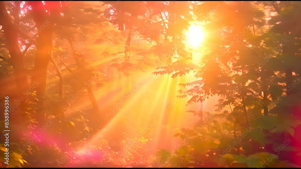 Canvas Prints Forest sunrise with sun rays bursting through the trees in the fog. The mystical nature of the forest.