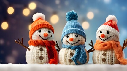 Adorable and joyful family of knitted snowmen on a snowy Christmas background, enjoying the season together, with space for copy, perfect for greeting cards and posters.