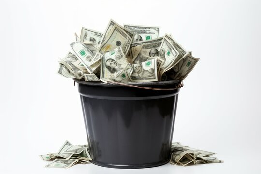 Black bucket filled and surrounded by a mix of crumpled us dollar bills - Powered by Adobe