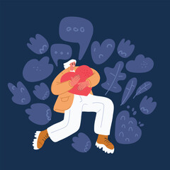 Cartoon vector illustration of Valentine heart flying balloon with man on pink background. Vector love postcard for Happy Mother, Valentine's Day or birthday greeting card design over dark background