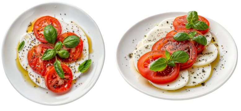 Caprese salad on a white plate, mozzarella cheese and tomatoes, side and top view, italian food bundle isolated on a transparent background