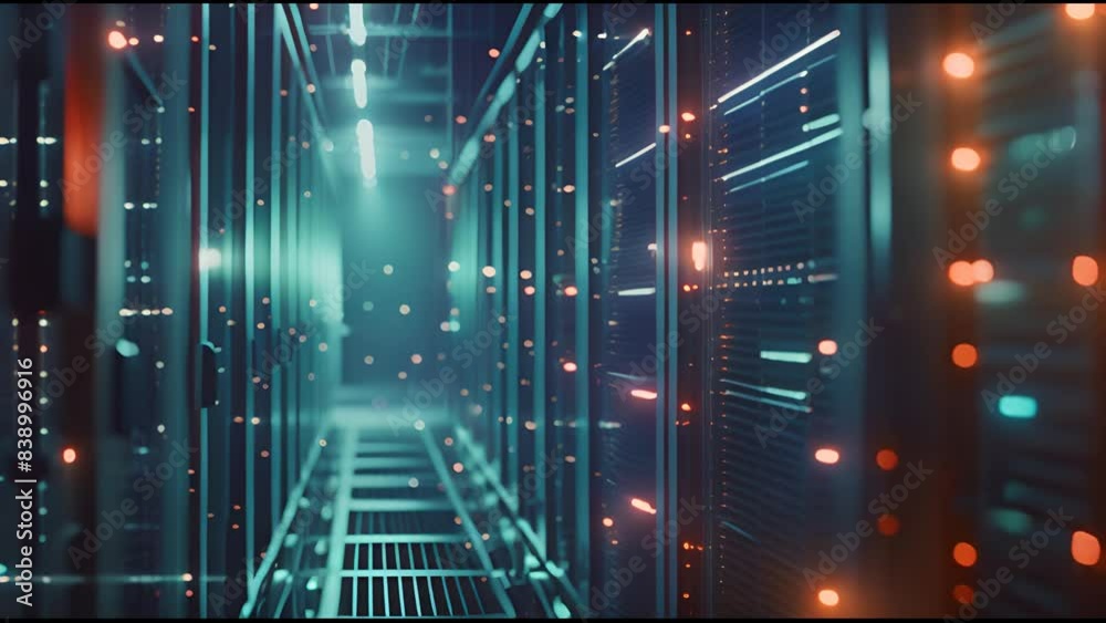 Poster Within the data center's server room, fiber optic cables carry data from the network to the data servers behind glass panels. High-speed digital lines connect the servers to the network.